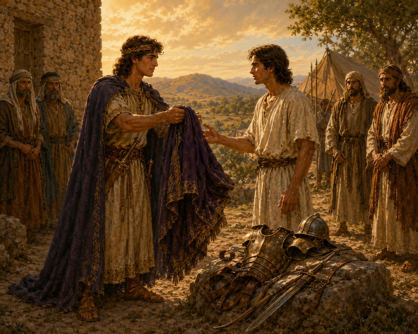 Jonathan gives David his robe, armor, sword, bow, and belt