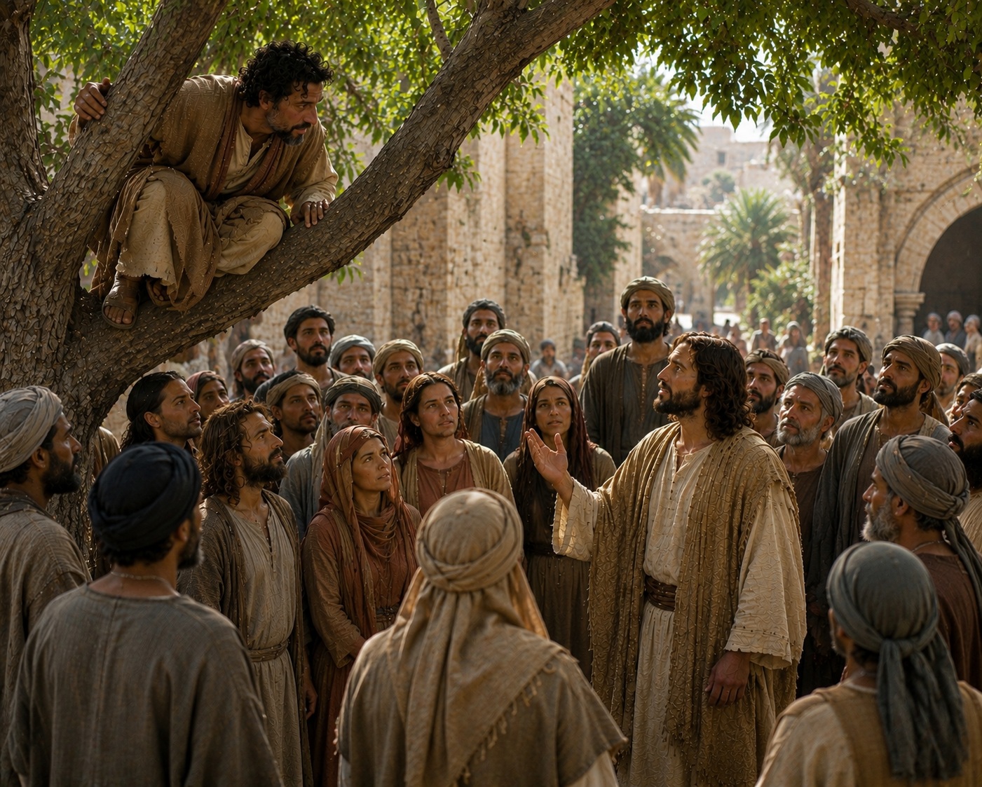 Jesus speaks to Zacchaeus in the sycamore tree