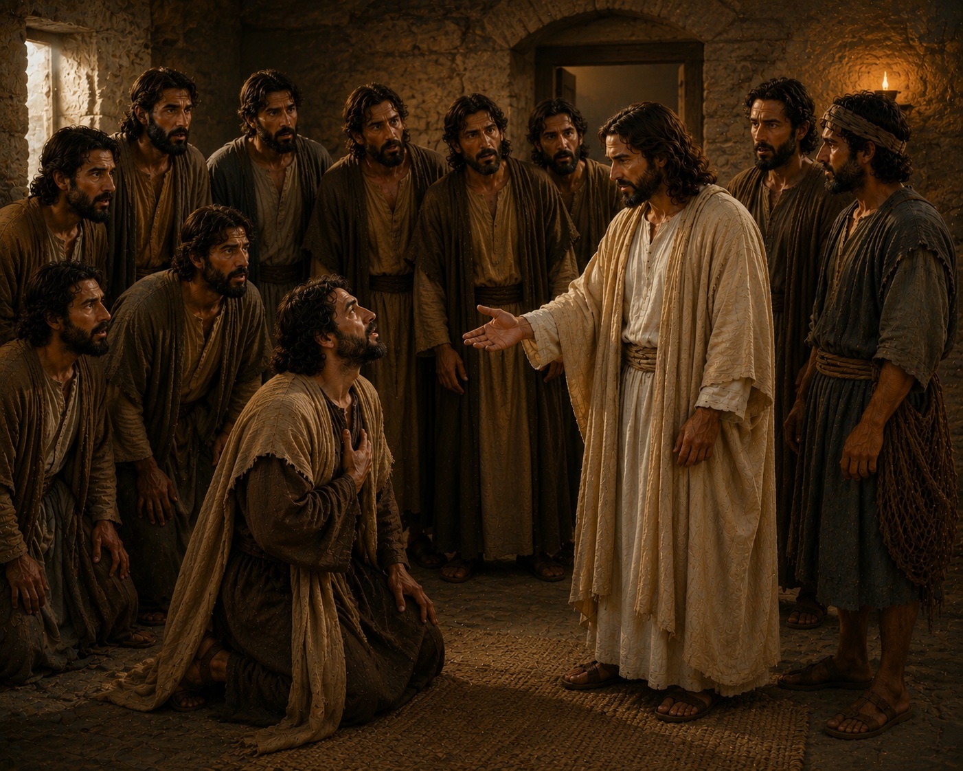 Thomas kneels before the risen Jesus while the disciples watch in amazement