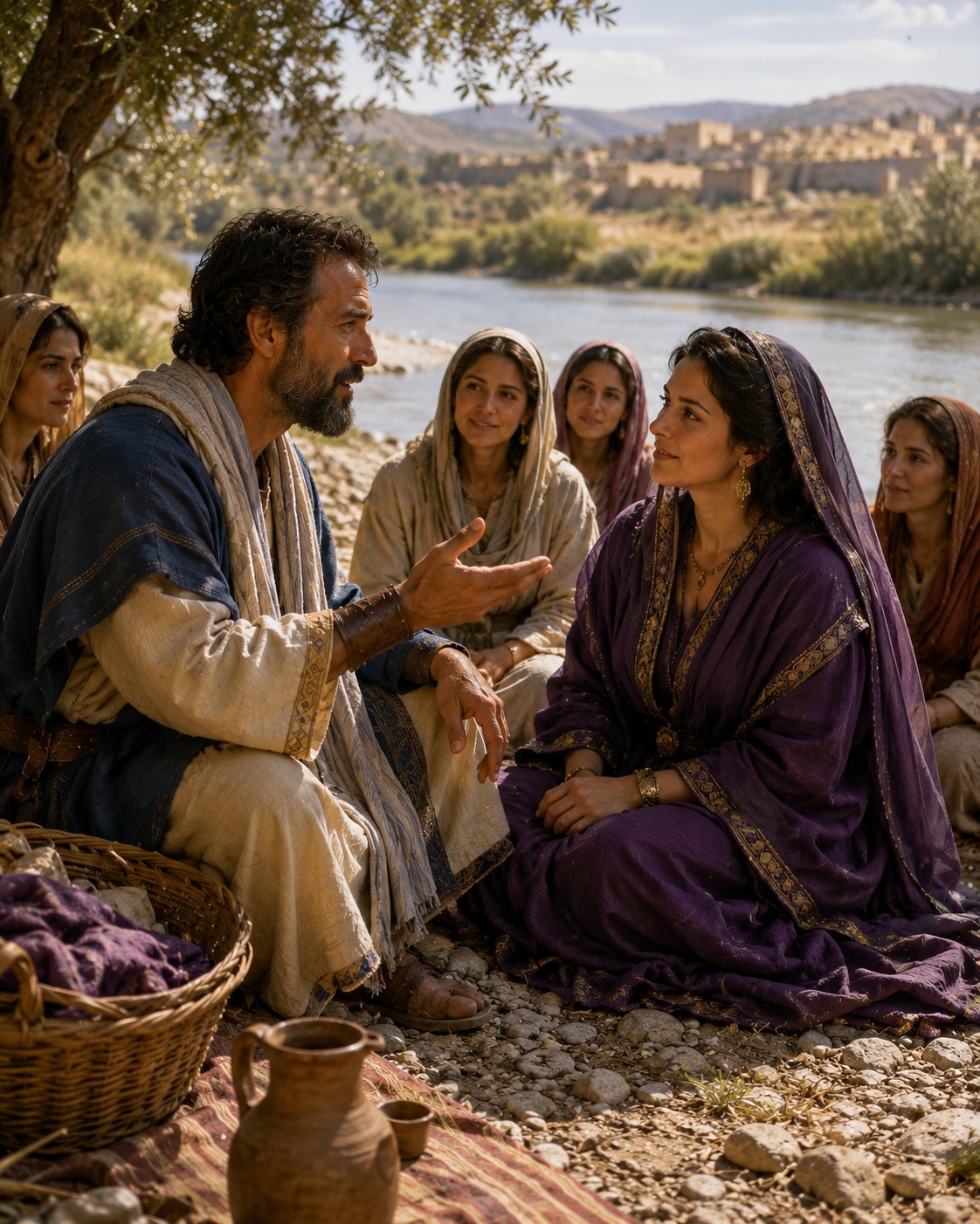 Paul speaks with Lydia and other women beside the river at Philippi