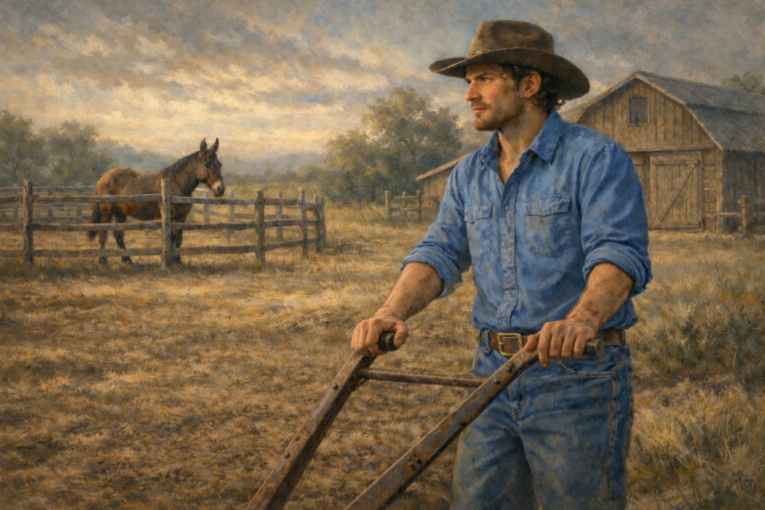 Morgan with 2 hands on a plow, thinking.