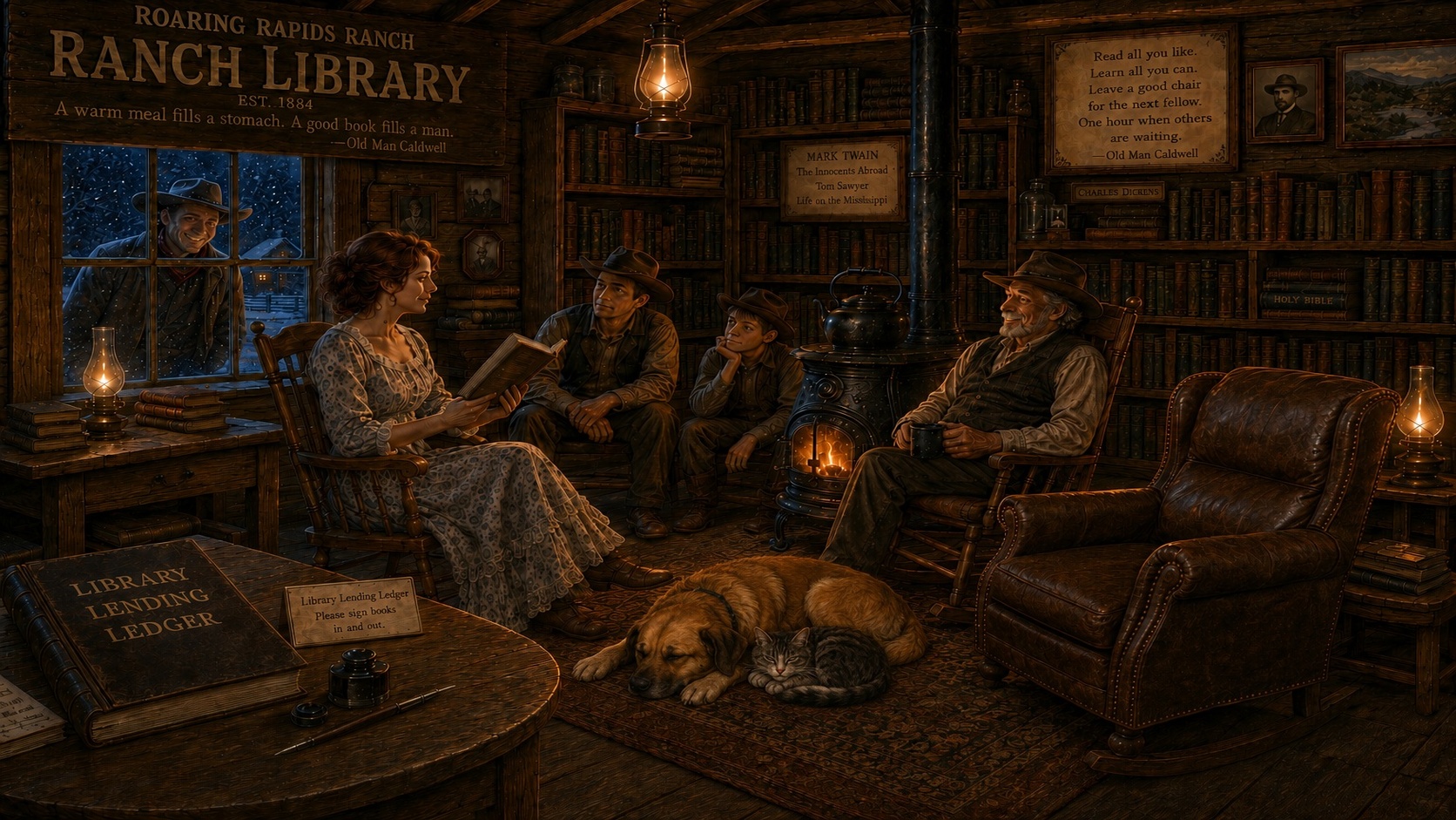 The Roaring Rapids Ranch Library on a snowy winter evening, with Mary reading aloud, Old Man Caldwell near the stove, Boone and Whisper resting together, and a smiling cowboy looking through the window toward an empty chair